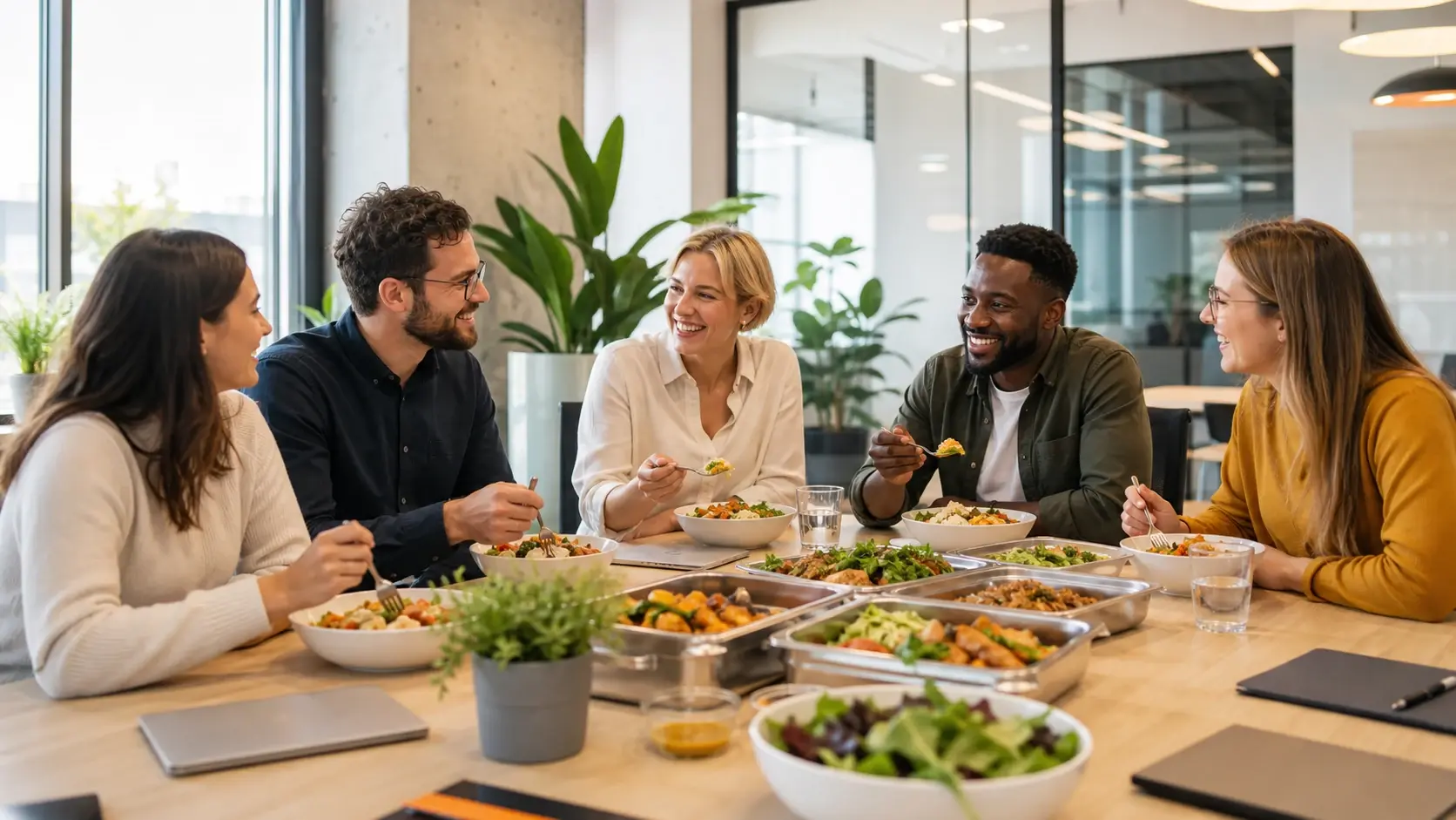 Team genießt frisches Business-Lunch-Catering im Büro